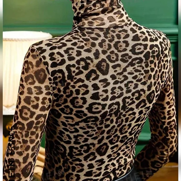 Women's Leopard Print Semi-Sheer Turtleneck Top Large - Picture 2 of 8